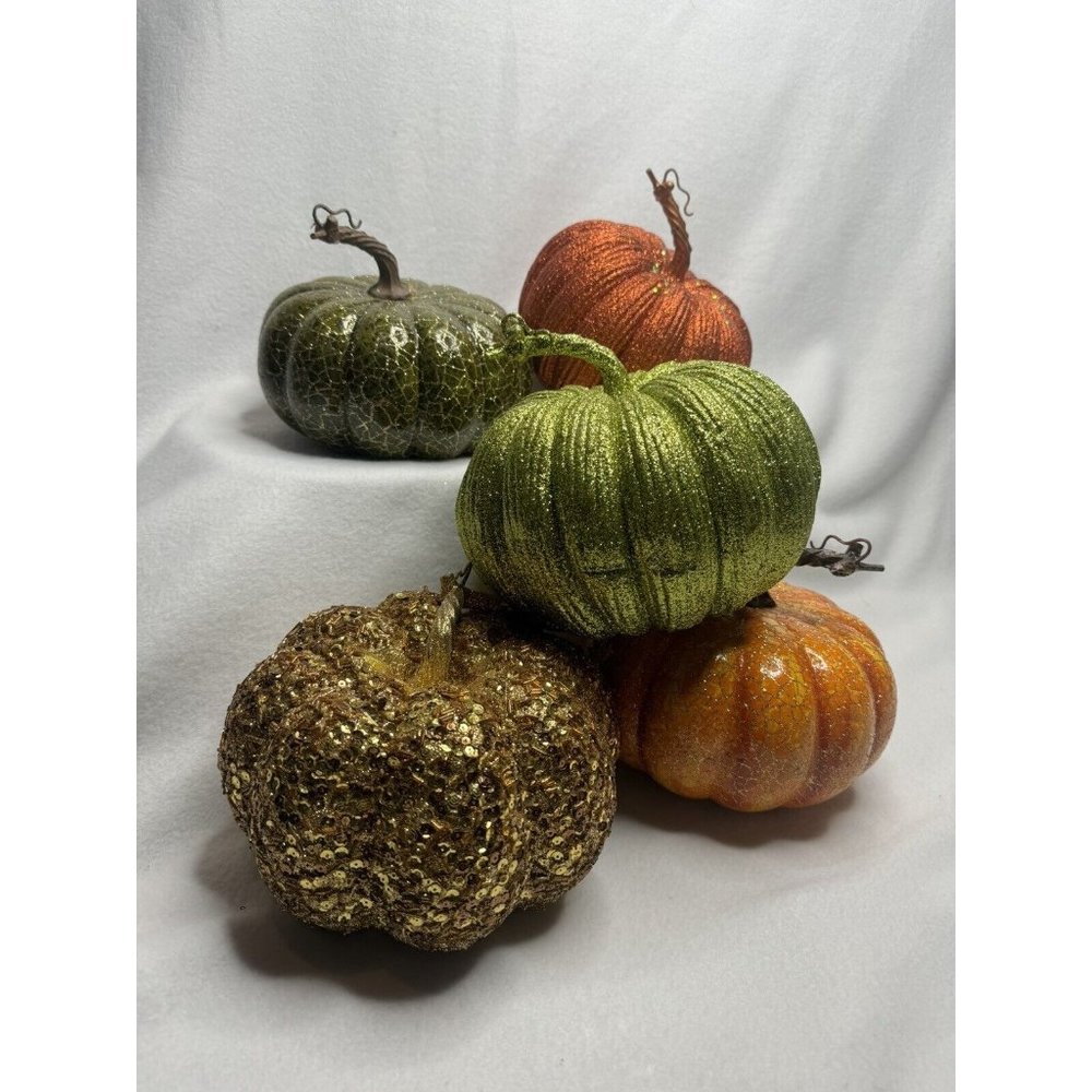 Fall Autumn 5 Glitter Pumpkin’s Lot Halloween Decorations Green Gold Orange